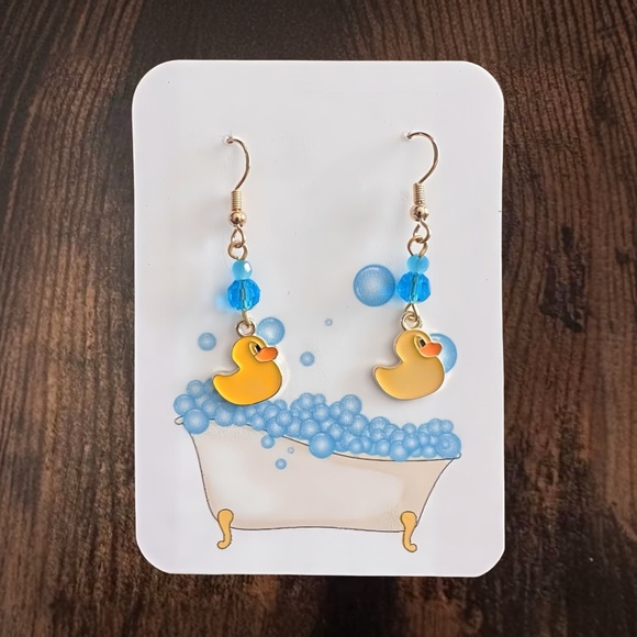 Cute New Handmade "Rubber Duckie Bath Time" Dangle Earrings (1.75" l x 0.5" w) - Picture 2 of 5
